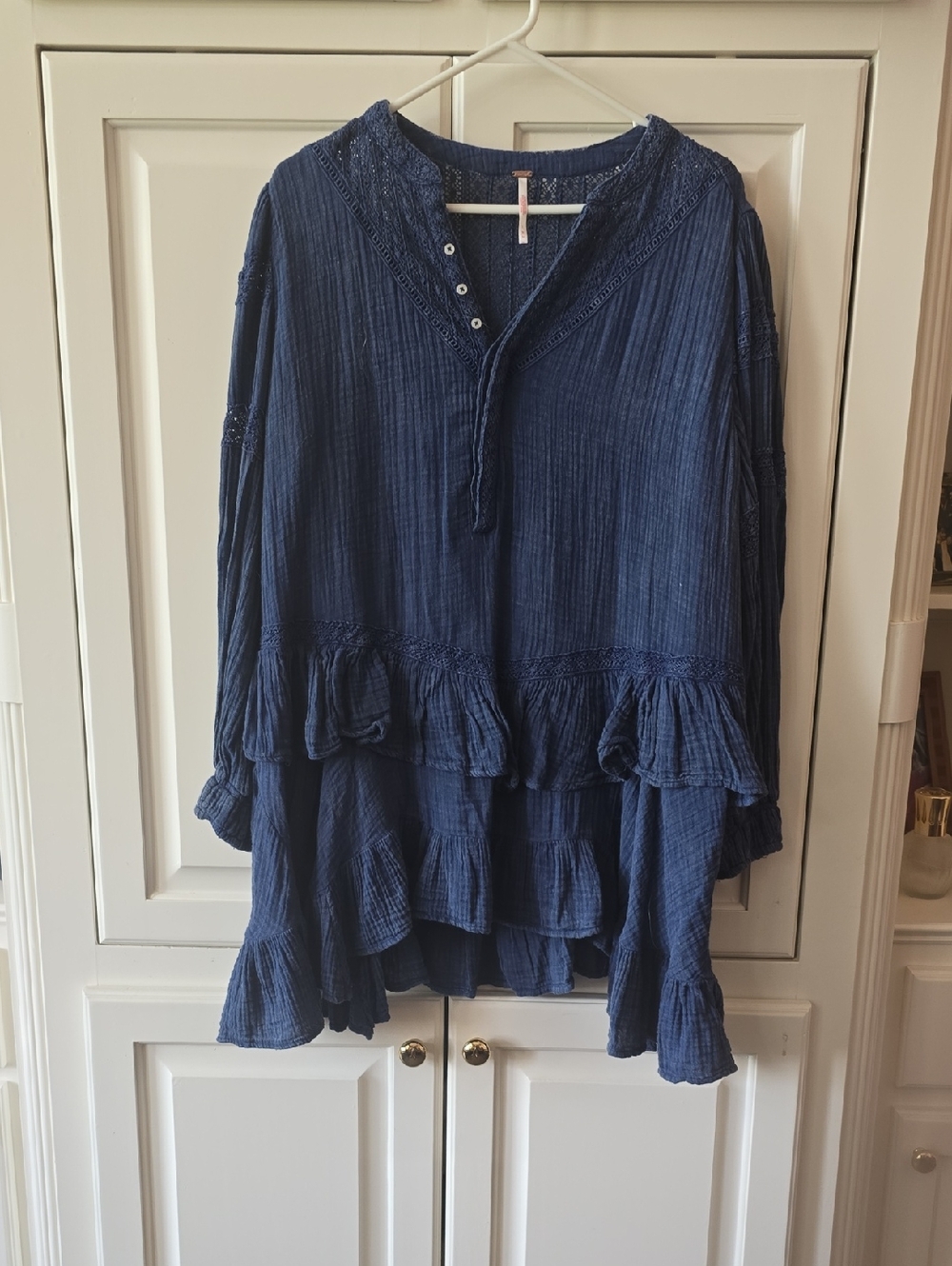 Free People Navy Tiered Ruffle Tunic Blouse